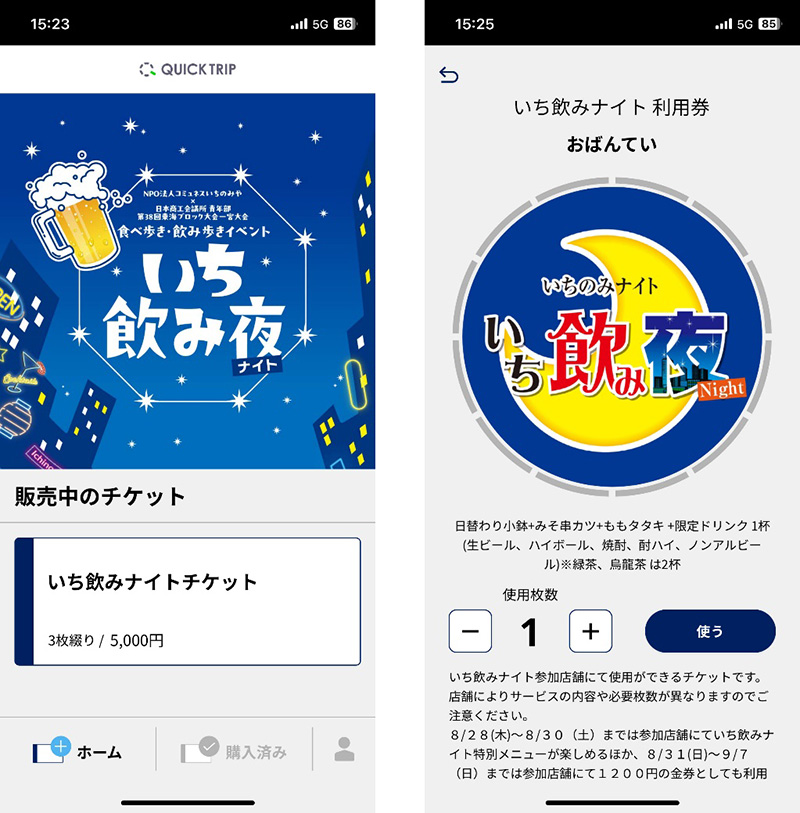 QUICK TRIP Ticket アプリ画面 チケットイメージ　いちのみ